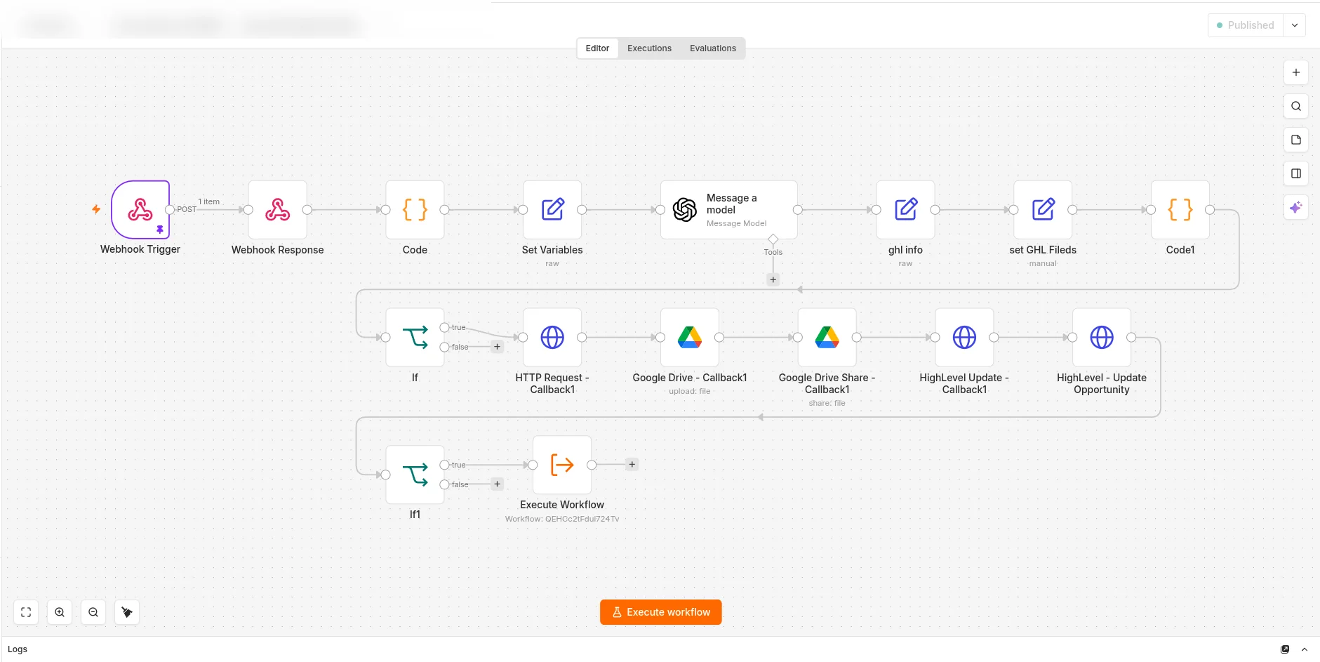 n8n workflow: post-call analysis, GoHighLevel update and Drive filing