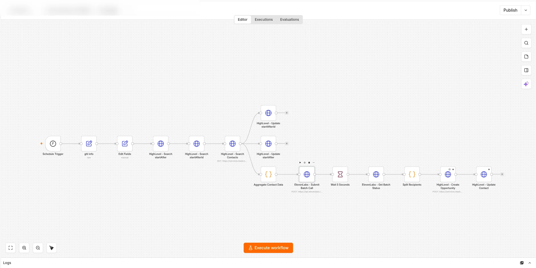 n8n workflow: scheduled follow-up, finds waiting contacts and starts the call